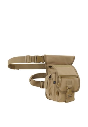 Sac banane tactique beige avec plusieurs poches zippées et à boucle, bretelles ajustables et tissu résistant.