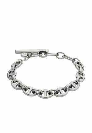 Bracelet en chaîne argentée avec de grands maillons ovales, doté d'un fermoir à bascule. Métal lisse et poli avec une finition uniforme et un design minimaliste.