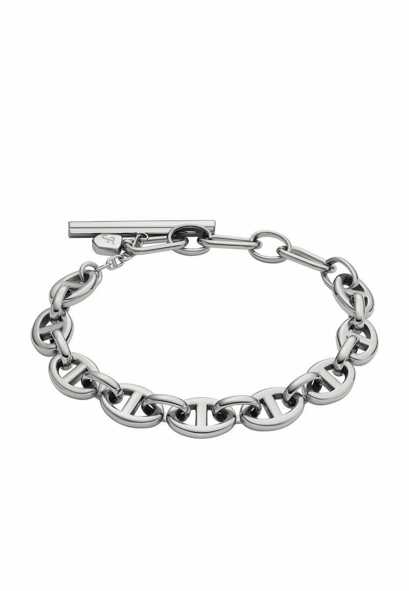 Pulsera de cadena de plata con grandes eslabones ovalados, que cuenta con un cierre de palanca. Metal liso y pulido con un acabado uniforme y un diseño minimalista.
