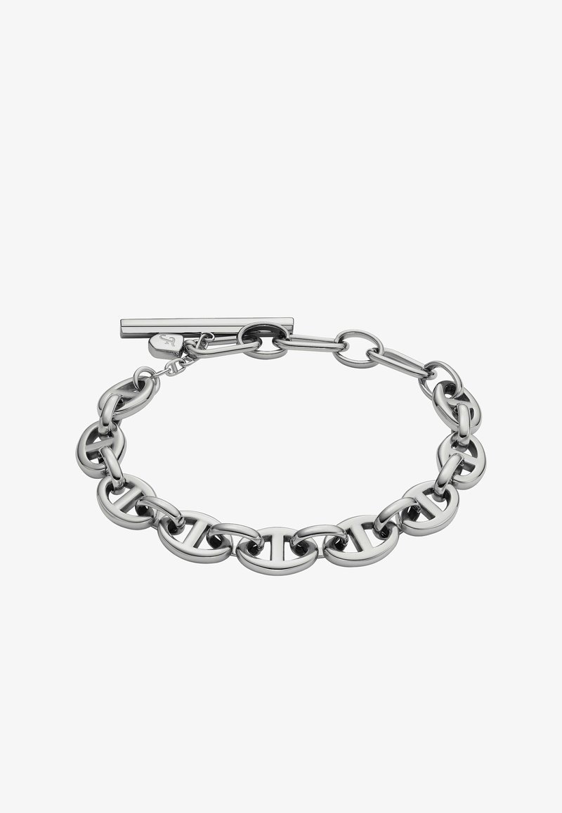 Bracciale in argento con grandi anelli ovali, dotato di chiusura a toggles. Metallo liscio e lucido con una finitura uniforme e un design minimalista.