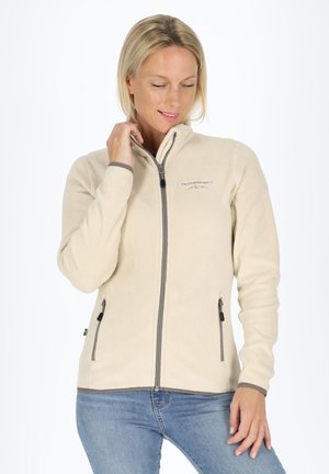 Beige fleecejack met een hoge kraag, ritssluiting en twee zijzakken, met grijze accenten op de ritsen en manchetten.