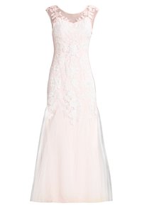 Vestido largo sin mangas en rosa pálido con un cuerpo transparente. Presenta detalles de encaje floral y una falda de tul fluida. Textura suave, diseño elegante.