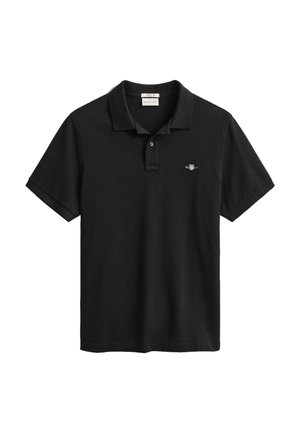 Zwart poloshirt van katoen, met een twee-knopen borstsluiting, korte mouwen en een klein geborduurd logo op de linkerborst.