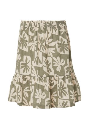 Jupe en imprimé floral vert avec un ourlet ruffled, dotée d'une taille élastique. Fabriquée en tissu léger et texturé.