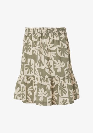 Groene bloemenprint rok met een gerimpelde zoom, met een elastische tailleband. Gemaakt van een lichtgewicht, gestructureerde stof.