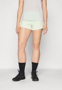 Myntgrønne treningsshorts med en glatt tekstur, kombinert med svarte ankelstrømper og svarte joggesko. Toppen er lys grå og løstsittende.