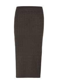 Jupe midi côtelée marron foncé avec un motif texturé et une taille élastique, conçue pour une silhouette ajustée et fabriquée à partir d'un matériau doux.