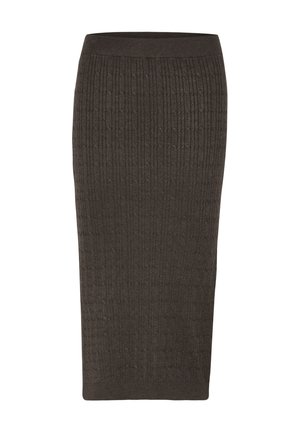 Fustă midi ribbed de culoare maro închis, cu un model texturat și talie elastică, concepută pentru a oferi o siluetă ajustată și realizată dintr-un material moale.
