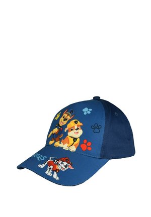 Blue children's cap featuring cartoon dogs from Paw Patrol and colorful paw prints on front and brim.