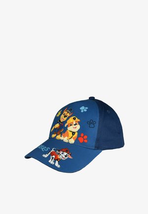 Cappellino blu per bambini con cani dei cartoni animati di Paw Patrol e impronte colorate di zampe sul davanti e sulla visiera.