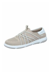Beige sneaker met een ademend breiwerk bovenwerk en witte veters. Heeft een gestructureerde zool en een flexibele ontwerp voor comfort.