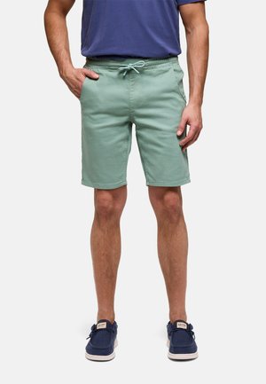 Hombre con pantalones cortos de cordón color verde claro, camisa azul marino y zapatos casuales azul marino, de pie contra un fondo liso.