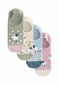 Kolme paria värikkäitä puuvillasukkia: vihreä, pinkki, sininen ja beige. Jokaisessa on leikkisiä lammaskuvioita ja erilaisia kuvioita, kuten raitoja ja kukkia.