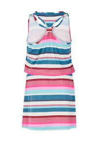 Gestreepte jurk met een mouwloos ontwerp, gekenmerkt door blauwe, roze en witte horizontale strepen, een ronde hals en een open rugdetail.