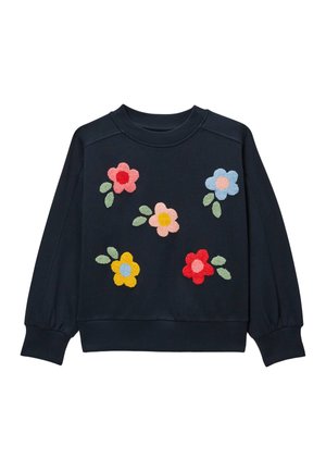 Sweat-shirt bleu marine avec cinq fleurs texturées colorées en rose, rouge, jaune et bleu, chacune avec des feuilles vertes à l'avant.