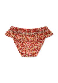 Bas de bikini à fleurs rouges avec une taille plissée et froncée. Caractérisé par de petites fleurs jaunes, roses et blanches sur un fond texturé.