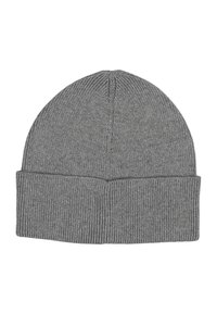 Gray knitted beanie with a folded cuff, seamless ribbed texture, and rounded top, designed for cold weather wear.