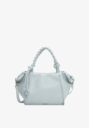 Jasnoniebieska skórzana torebka z plecionymi rączkami, miękką fakturą, casualowym kształtem i regulowanym paskiem na ramię. Posiada zapięcie na sznurek.