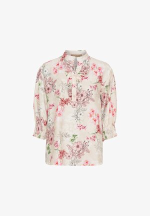 Letmæssig bluse med blomsterprint og mandarin krave, halværmer og indsamlede manchetter. Bunden er i creme med lyserøde, grønne og sorte detaljer.