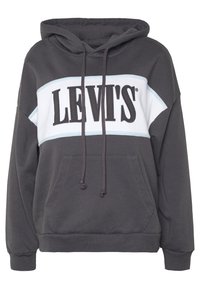 Felpa grigia con cappuccio, con un pannello bianco e dettagli blu. Sul davanti è stampato "LEVI'S" in lettere nere. Include una tasca frontale.