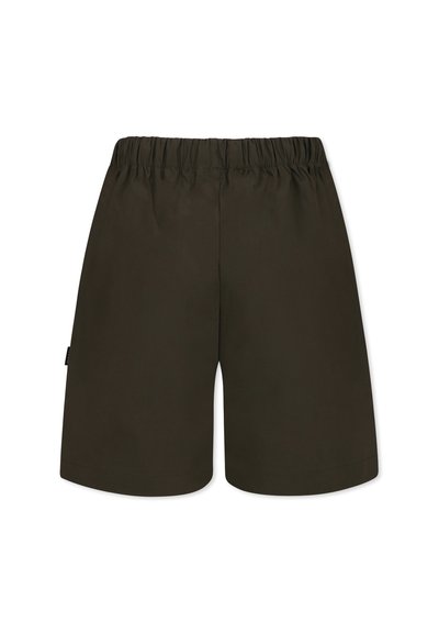 Pantaloni corti verde scuro con vita elastica, design semplice e accentuazione con etichetta laterale. Realizzati in un tessuto leggero adatto per l'abbigliamento informale.