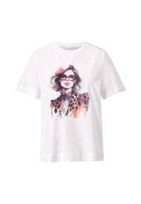 Tricou din bumbac alb, cu un imprimeu grafic colorat reprezentând o femeie în ochelari de soare, purtând o jachetă cu model leopard. Mâneci scurte și guler rotund.