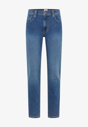 Vaqueros de denim azul claro con un estilo de pierna recta, cinco bolsillos y costuras en contraste. La tela muestra un ligero desvanecimiento y una textura suave.