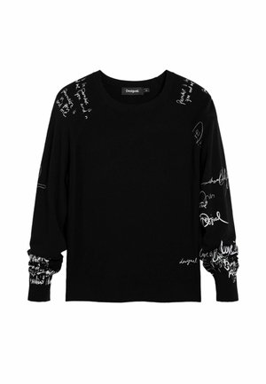 Must pikkade varrukatega kampsun ümara kaelusega, valge käsitsi kirjutatud tekstiga varrukatel ja õlal. Pehme kootud kangas, mugav lõige.