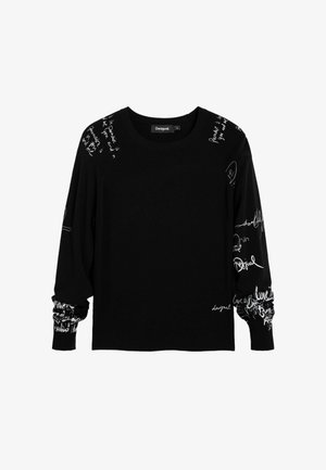 Must pikkade varrukatega kampsun ümara kaelusega, valge käsitsi kirjutatud tekstiga varrukatel ja õlal. Pehme kootud kangas, mugav lõige.