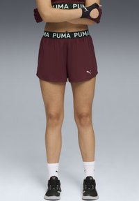 Bordeaux värvi sportlikud šortid, millel on elastne vöökohus ning millel on must ja valge "PUMA" logo. Näitavad kerget kangast ja logot.