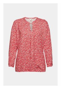 Camicia rossa a maniche lunghe con stampa floreale, scollatura a V, patta con bottoni e trama del tessuto soffice. Presenta polsini arricciati e vestibilità ampia.