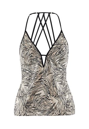 Débardeur noir et beige avec un décolleté en V et un motif fluide. Dos avec plusieurs fines bretelles créant un effet croisé.