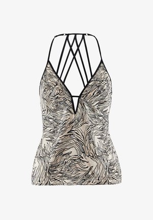 Débardeur noir et beige avec un décolleté en V et un motif fluide. Dos avec plusieurs fines bretelles créant un effet croisé.