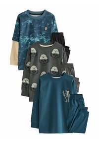 Conjunto de dos camisetas de manga larga y tres pantalones. Incluye un diseño de neblina en color navy, uno gris con estampado de calaveras y otro color teal con un gráfico de esqueleto.