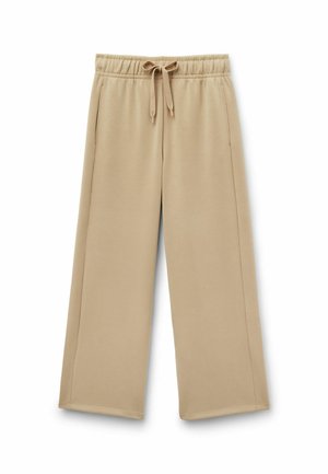 Beige weite Sweathosen mit einem elastischen Bund, verstellbarem Kordelzug und Seitentaschen; weicher Stoff mit glatter Textur.
