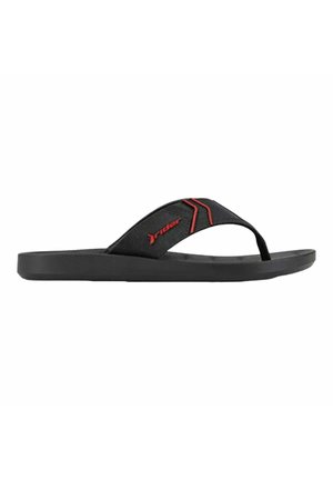 Infradito neri con suola in gomma nera texturizzata e fascetta curvata con accenti rossi e logo, progettati per comfort e stabilità.