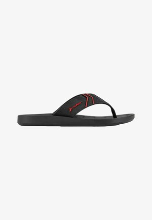 Infradito neri con suola in gomma nera texturizzata e fascetta curvata con accenti rossi e logo, progettati per comfort e stabilità.