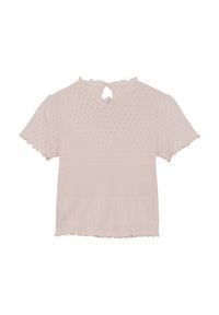Lys rosa kortermet bluse med et teksturert mønster, volanger langs kantene og et nøkkelhull bak. Laget av pustende stoff.