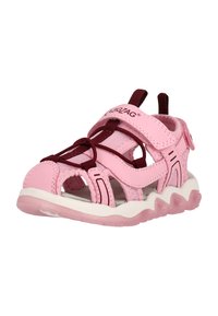 Rosa sandal med mesh och syntetiska material, utrustad med justerbara remmar, zigzag-sula och kontrasterande vinröda accenter.