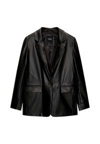 Blazer in ecopelle nera con chiusura a un bottone, rever a taglio, due tasche frontali e una texture liscia e lucida.