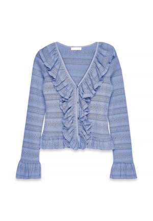 Ljusblå långärmad cardigan med ett rynkat V-hals, texturerad stickad mönster och utflutna ärmslut, med en knappstängning och en croppad passform.