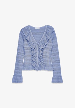 Light blue long-sleeve cardigan with a ruffled V-neck, textured knit pattern, and flared cuffs, featuring a button closure and a cropped fit.