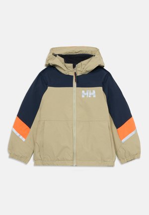 Children's hooded jacket with beige body, navy blue upper sleeves, orange and reflective silver stripes on sleeves, front zipper, and HH logo.