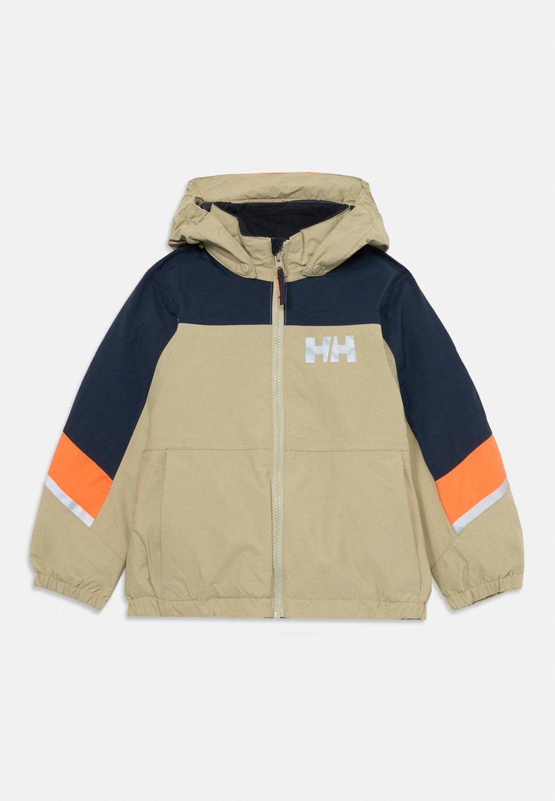 Barnas hettejakke med beige kropp, marineblå overarmer, oransje og refleks sølvstriper på ermene, front glidelås og HH-logo.