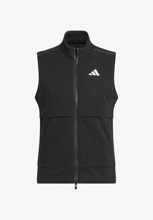 Chaleco negro sin mangas con cuello alto, cierre de cremallera y logotipo blanco bordado. Presenta una tela suave y acentos de costura horizontal.