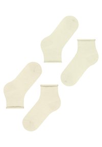 Vier Paare cremefarbener Baumwollsocken, zwei Knöchelsocken und zwei lange Socken, mit einer subtilen Textur und gerippten Bündchen.