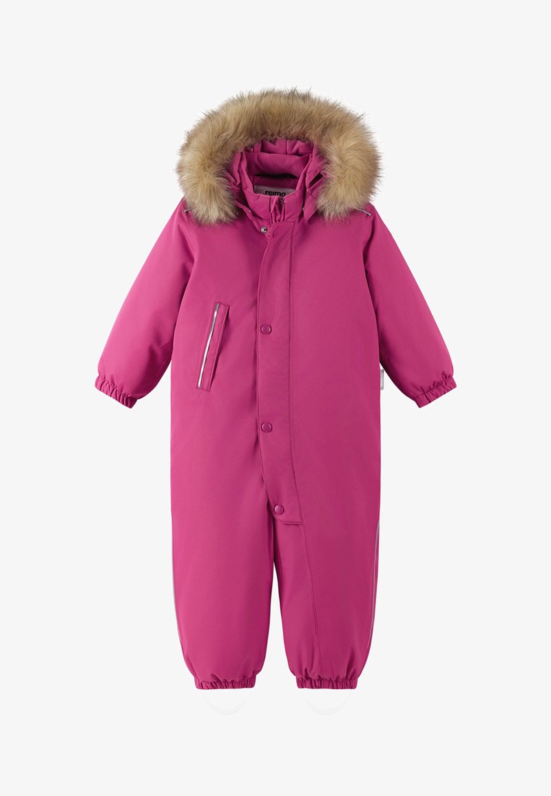 Rožinė pūkinė snowsuit su dirbtinio kailio pamušalu, mygtukų užsegimai, elastiniai rankogaliai ir šoniniai kišeniai su atspindinčiais akcentais matomumui.