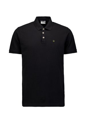 Zwarte polo van katoen met korte mouwen, een klassieke kraag, een knoopsluiting met drie knopen en een hexagonaal logo-label op de borst.