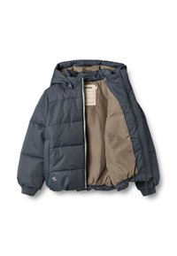 Vadderad jacka i mörkgrått med huva, med beige foder, dragkedja, elastiska ärmslut och en logotyp på vänster sida.