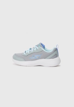 Gray athletic shoe with mesh upper, light blue accents, padded collar, and a white rubber sole. Features laces and a loop on the heel.